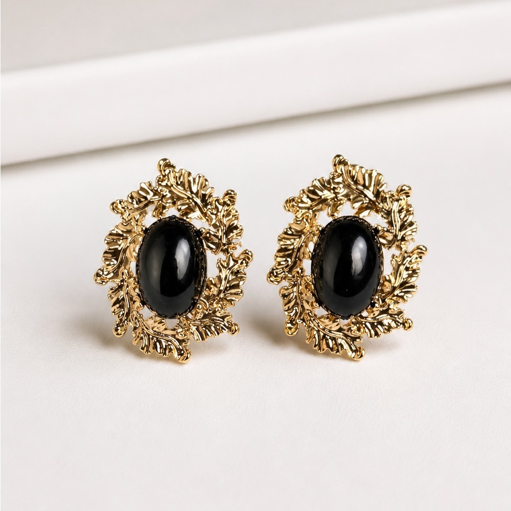 Gold Leaf Frame Earrings with Black Oval Stone